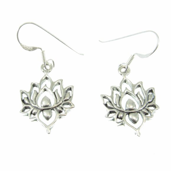 Solid 925 Sterling Silver Lotus Flower Egyptian Bean Drop Dangle Hook Earrings - Picture 4 of 9